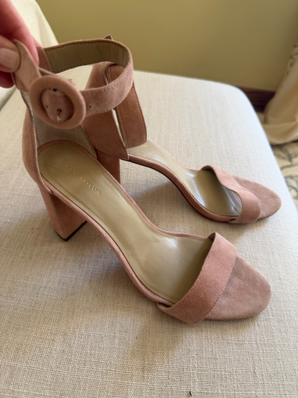 Ann Taylor Blush Suede Block Heel Sandals with Ankle Strap and Buckle